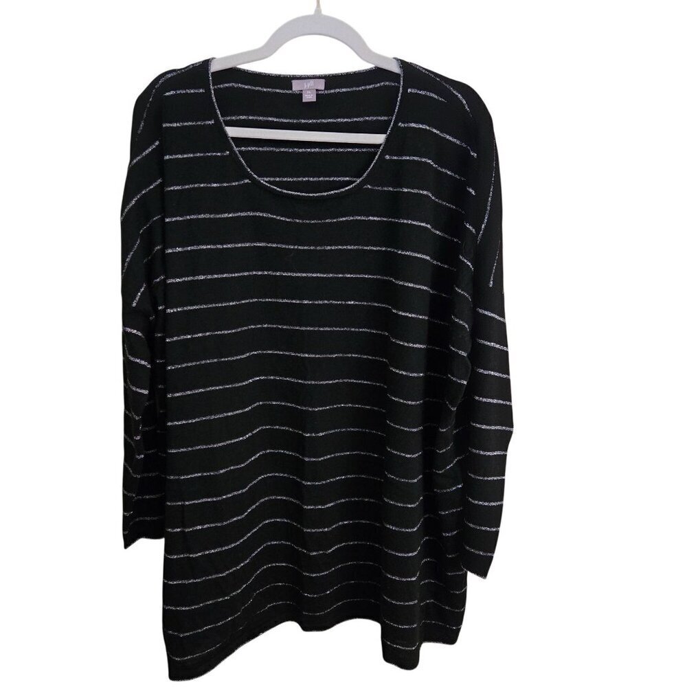 J. Jill Black Silver Striped Scoop Neck Oversized Tunic Sweater Size XL